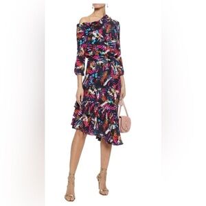 SALONI 100% Silk Navy Blue Bright Fern Print Dress Asymmetrical Off Shoulder